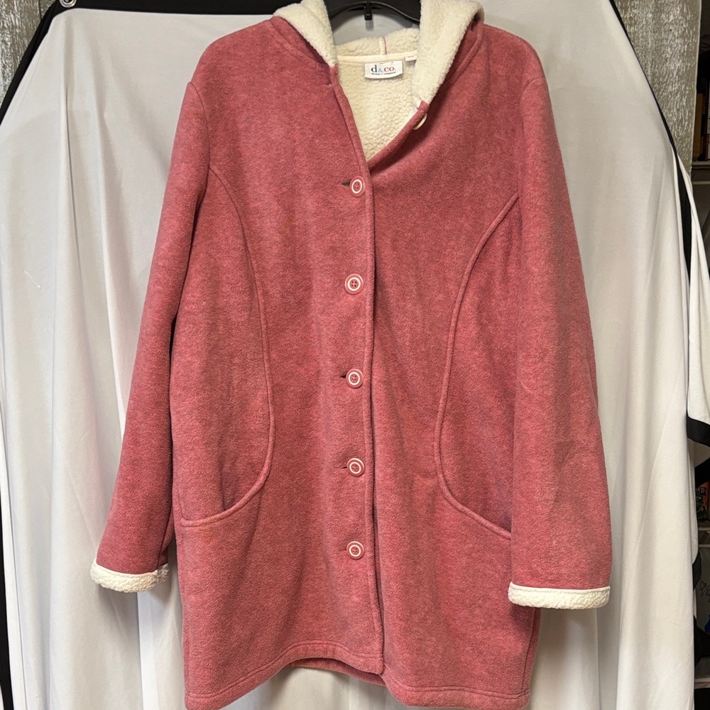 Denim & Co. Pink Fleece Bonded Sherpa Hooded Car Coat Jacket Size XL